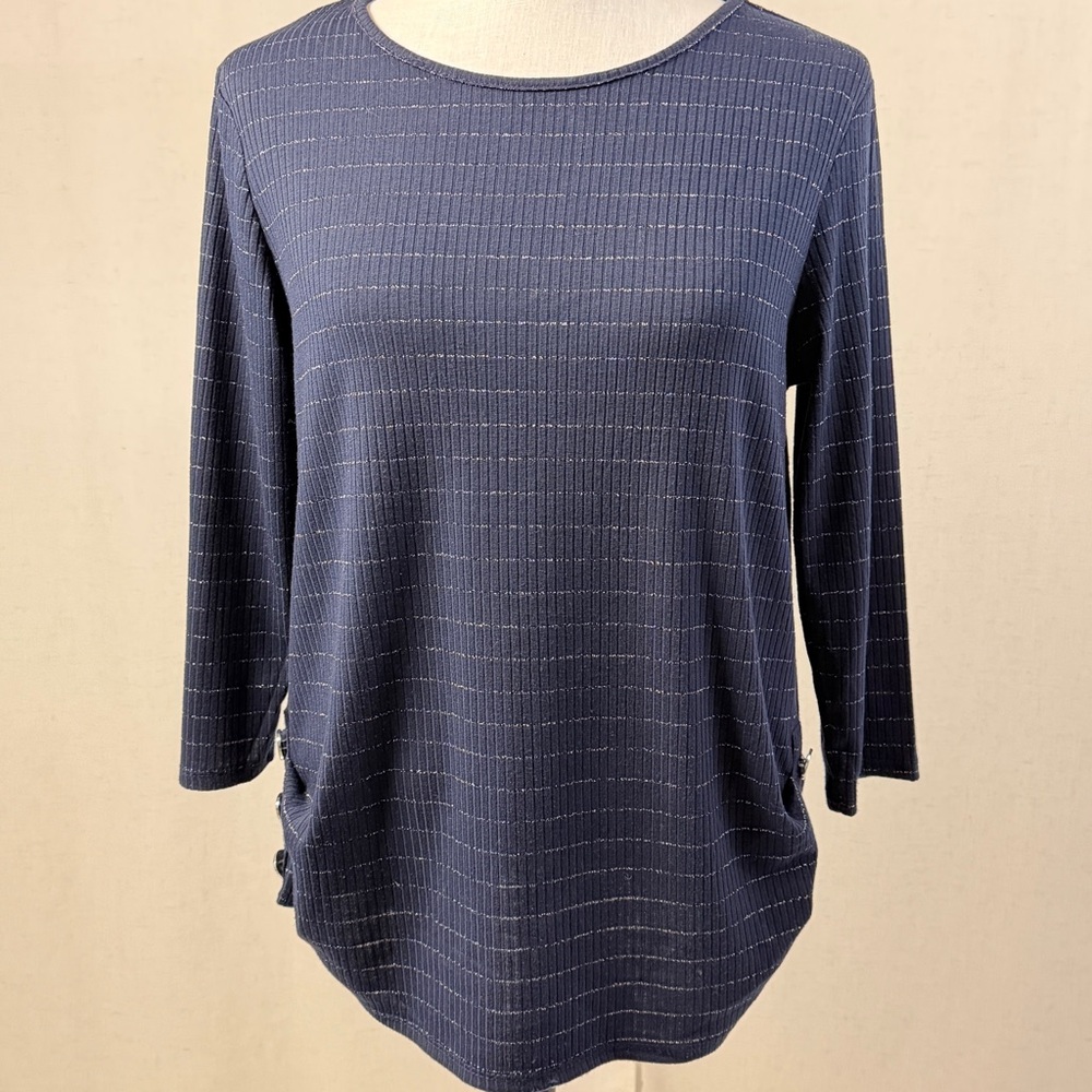 Women's Navy Blue Button-Side Long Sleeve Knit Top